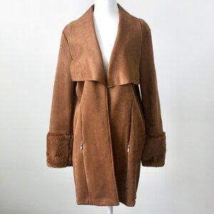 NWT Tahari Caramel Brown Vegan Suede Faux Fur Cuff Open Coat Medium